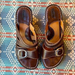 Born Leather Wedge Sandals, Dark Brown,  with Buckle Detail, Size 7,